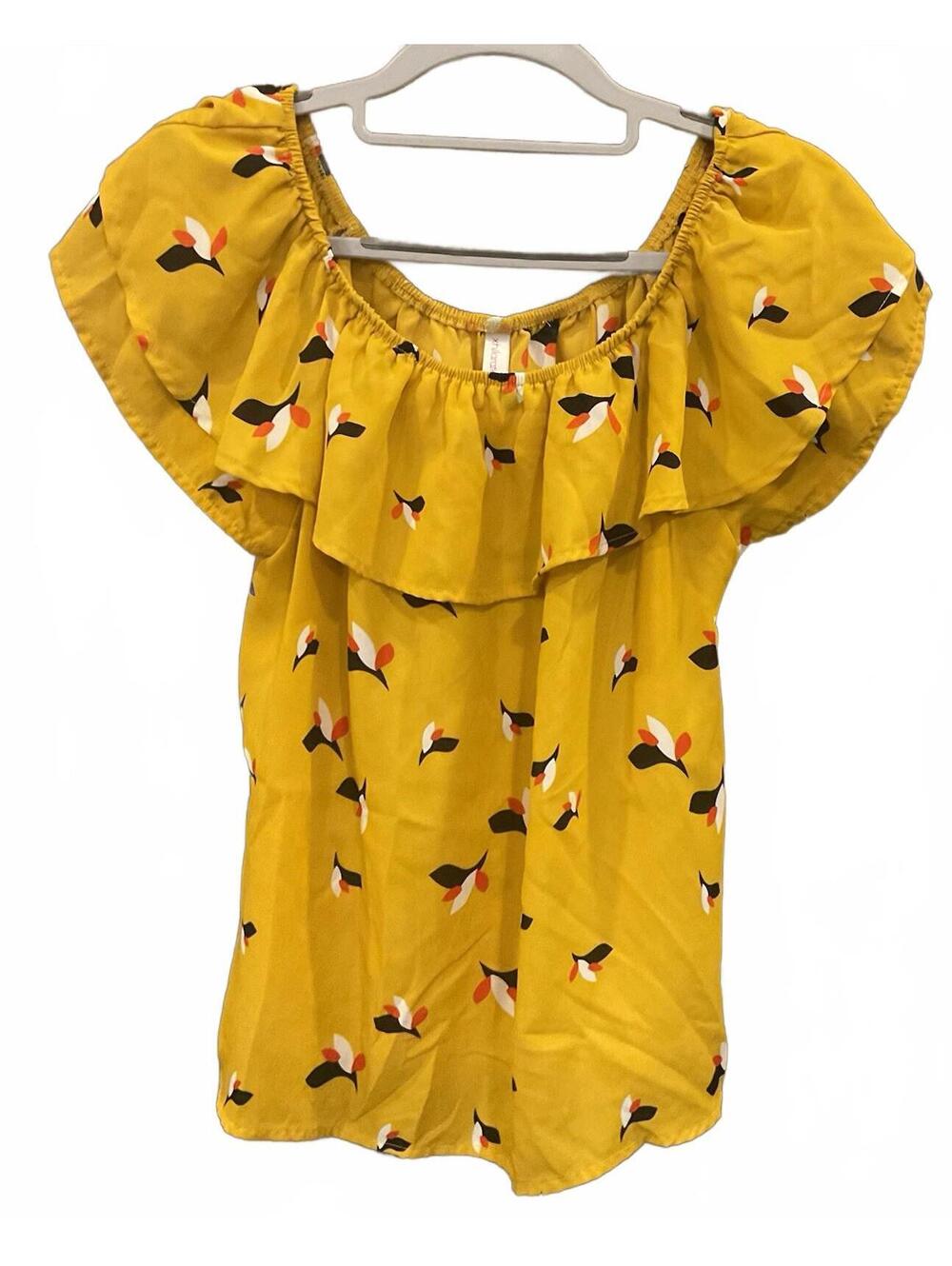 Xhilaration Womens Yellow Floral Blouse Ruffle Size XS Slit Back Boat Neck